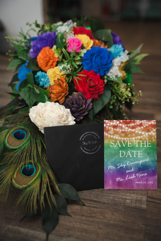 lgbtqia inspired rainbow bouquet and weddings invitations craftwood weddings manitou springs